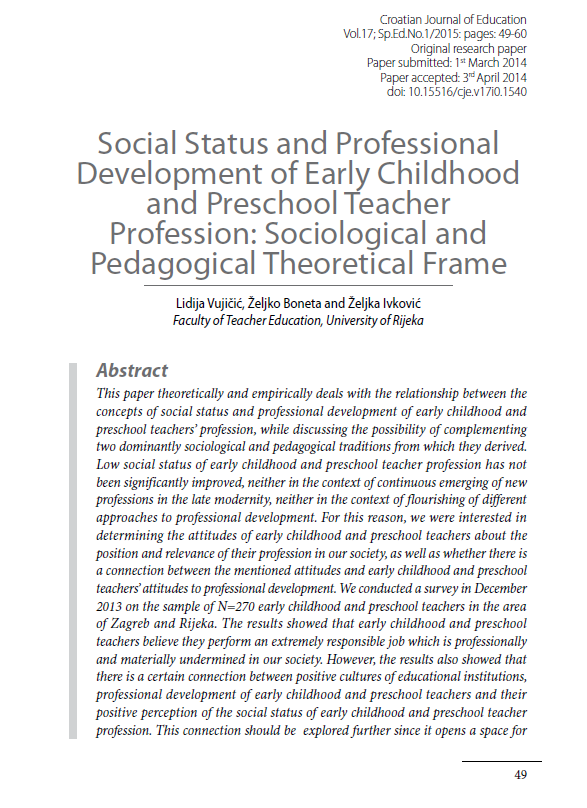 Social Status and Professional Development of Early Childhood and Preschool Teacher Profession Sociological and Pedagogical Theoretical Framework_Cove